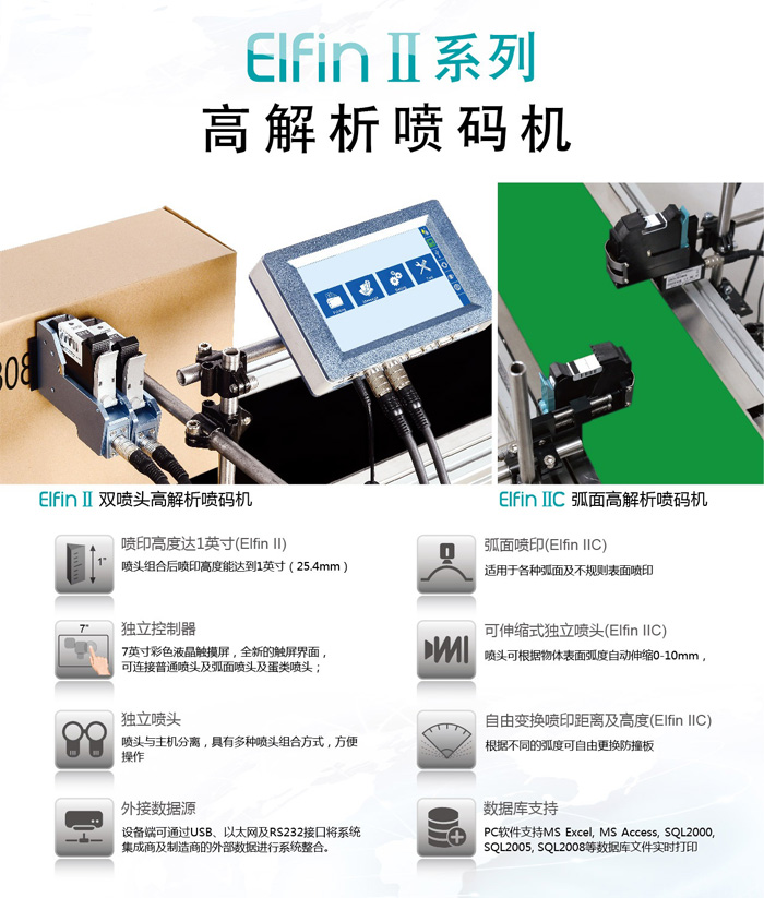 Elfin II雙噴頭高解析噴碼機與Elfin IIC弧面高解析噴碼系統(tǒng)機功能